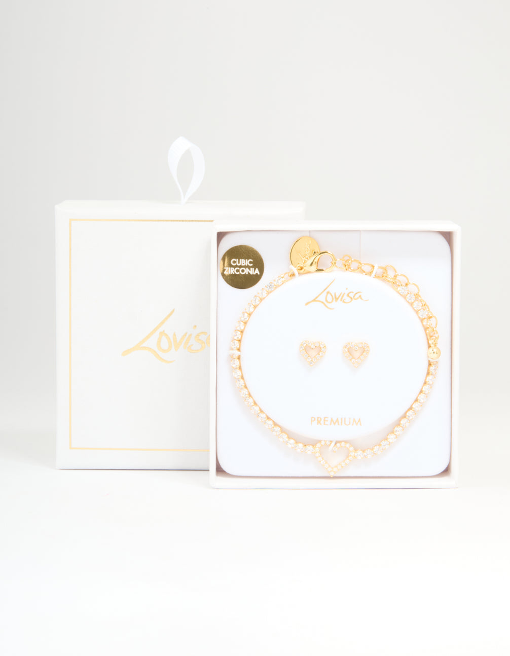 Gold Plated Cubic Zirconia Heart Outline Tennis Bracelet & Earrings Set