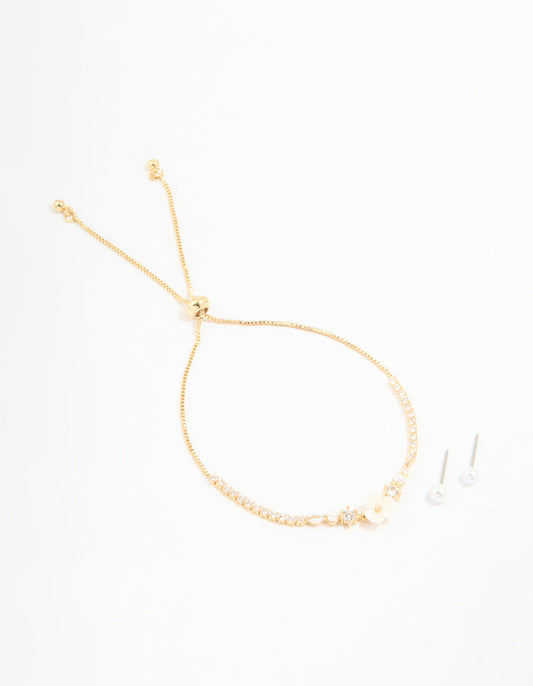 Gold Plated Cubic Zirconia Acrylic Flower Toggle Bracelet & Earrings Set