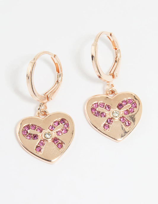 Rose Gold Heart Diamante Bow Huggie Earrings