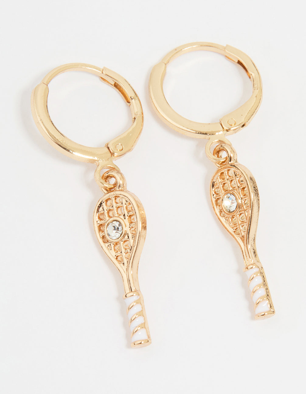 Gold Diamante Tennis Racket Huggie Earrings