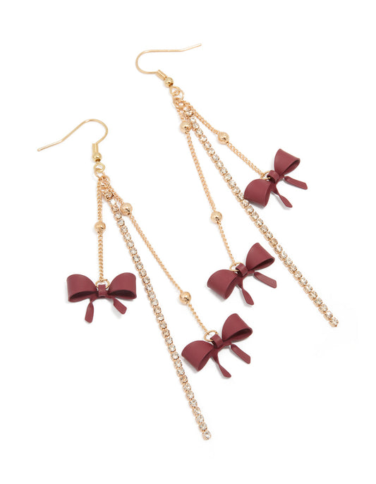 Gold Burgundy Bow Chain Drop Earrings