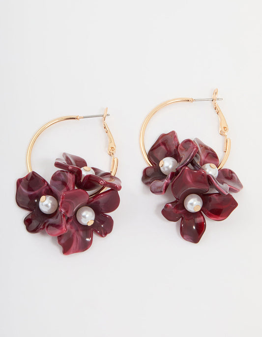 Gold Burgundy Pearl Petal Flower Drop Earrings