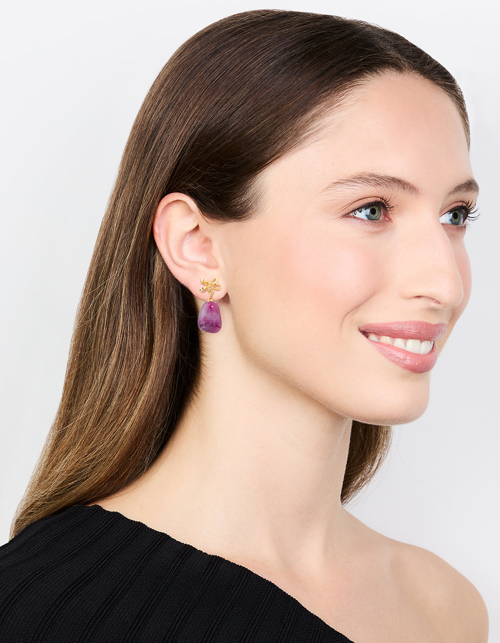 Gold Purple Stone & Bow Drop Earrings