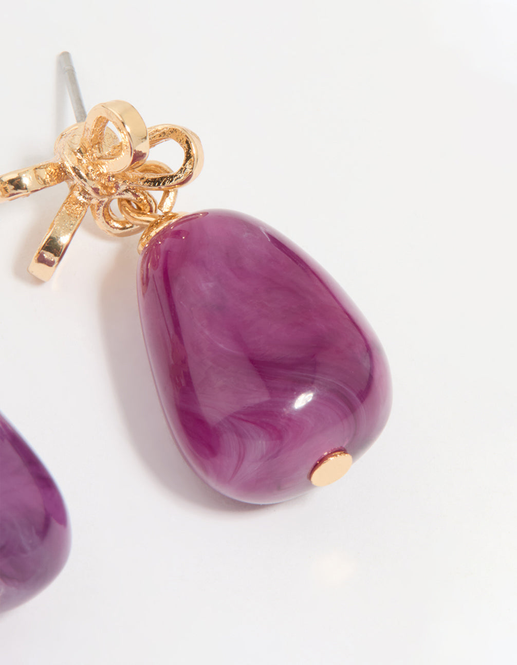 Gold Purple Stone & Bow Drop Earrings