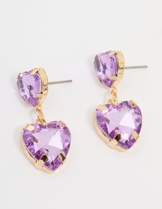 Gold Purple Diamante Heart Drop Earrings