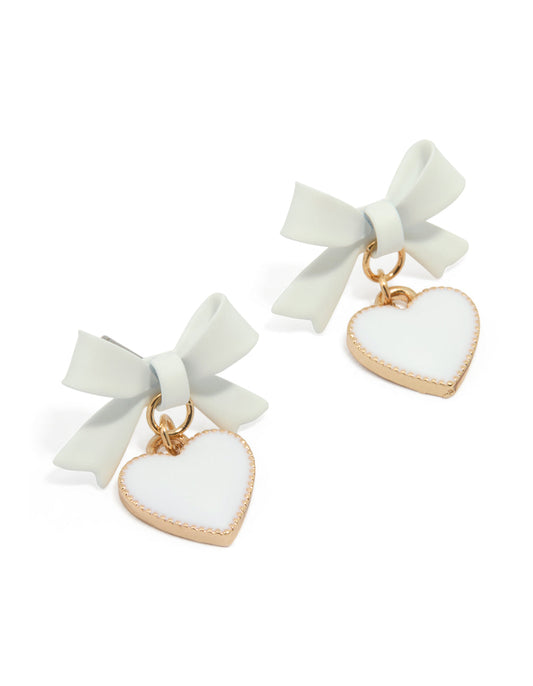 Gold White Coated Metal Bow Drop Heart Stud Earrings