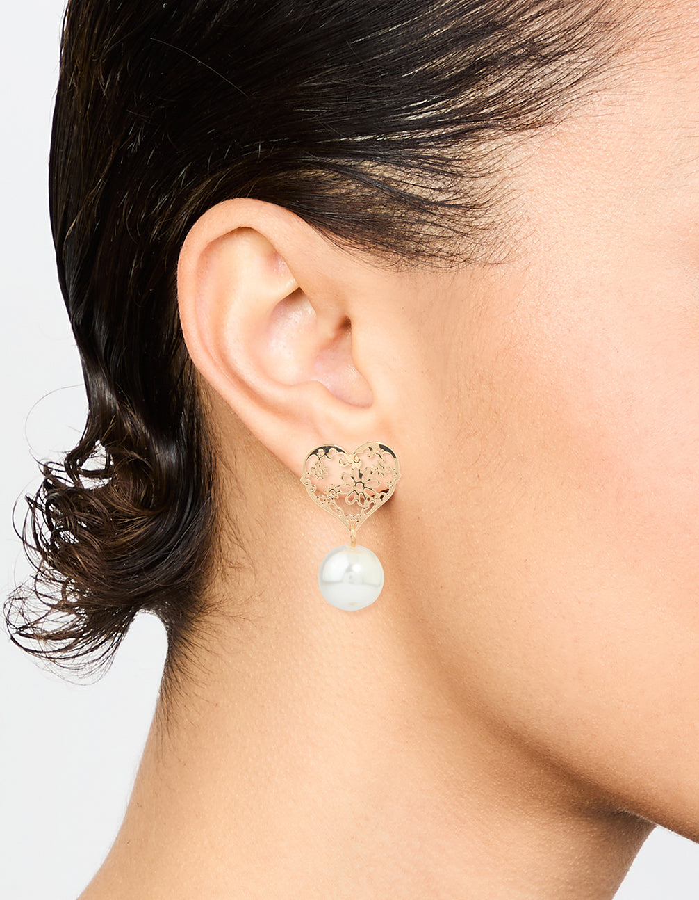Gold Pearl Textured Heart Drop Earrings
