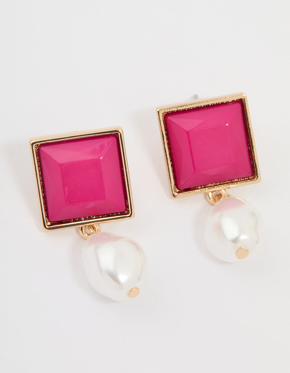 Gold Pearl & Hot Pink Square Drop Earrings