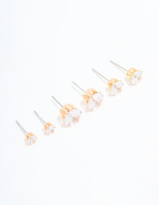 Gold Diamante Graduating Size Stud Earrings 3-Pack