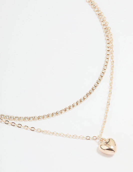 Rose Gold Diamante Cupchain & Puffy Heart Layered Necklace