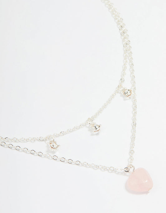 Silver Diamante & Pink Stone Heart Layered Necklace