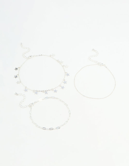 Silver Star & Chain Anklets 3-Pack