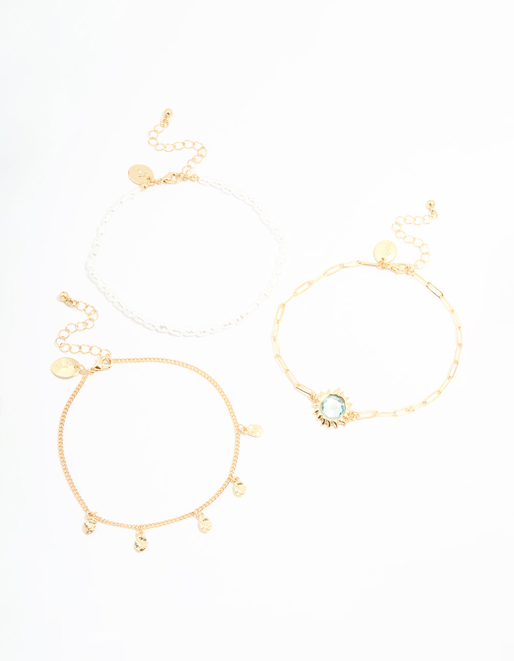 Gold Pearl & Sun Charm Anklet 3-Pack