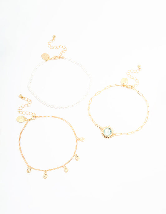 Gold Pearl & Sun Charm Anklet 3-Pack