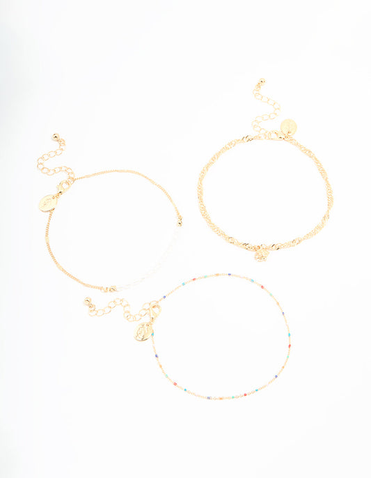 Gold Pearl & Fish Anklets 3-Pack