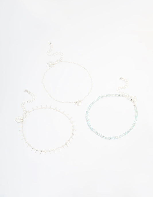 Silver Turquoise Beaded & Spiral Circle Anklets 3-Pack
