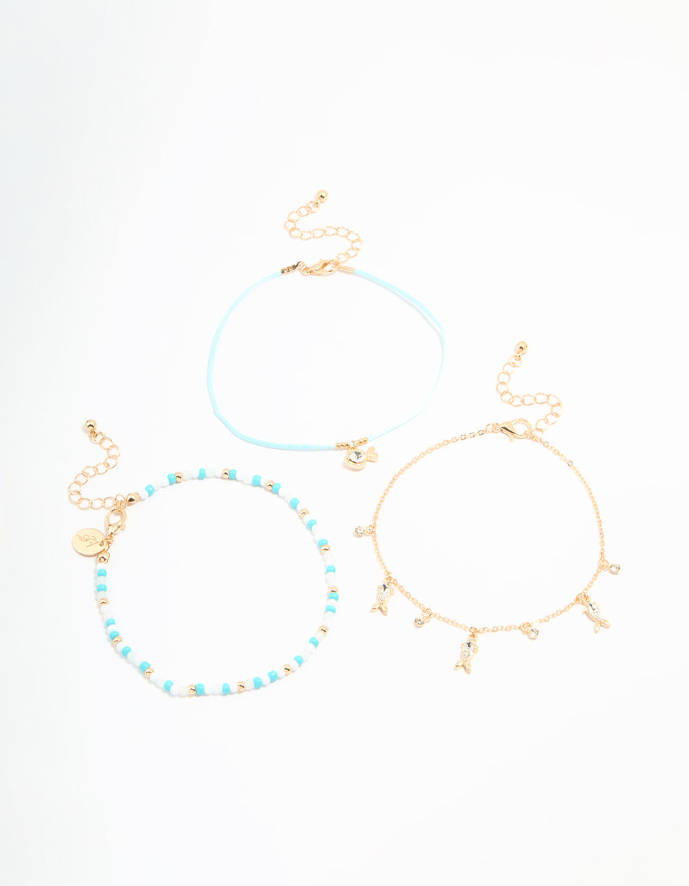 Gold Diamante Fish & Blue Beaded Anklets 3-Pack