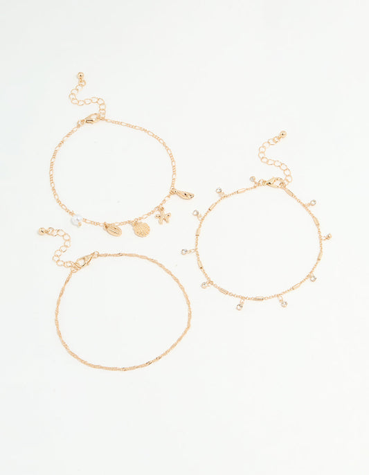 Gold Diamante & Ocean Charm Anklets 3-Pack