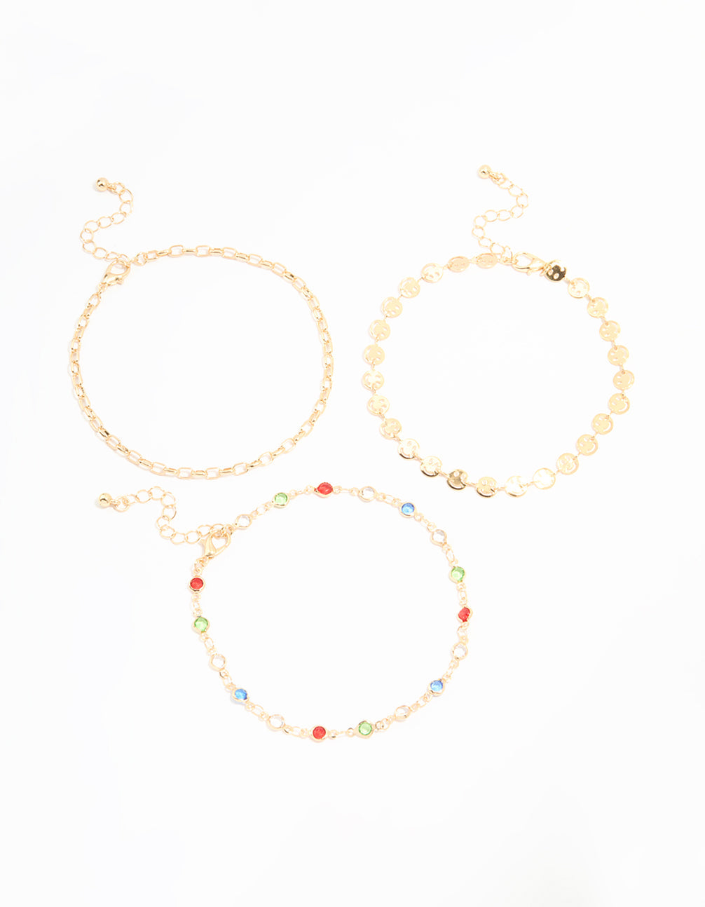 Gold Rainbow Stone & Chain Anklets 3-Pack