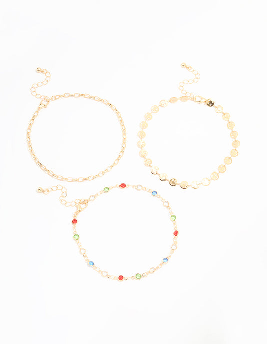 Gold Rainbow Stone & Chain Anklets 3-Pack