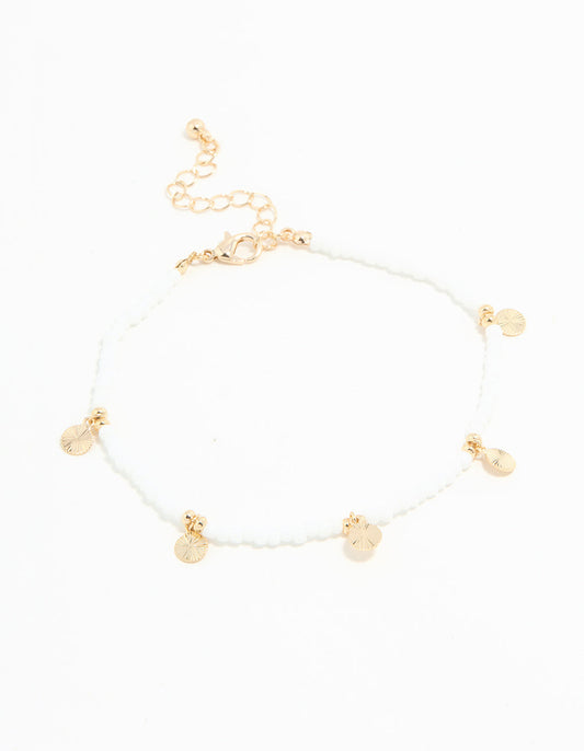 White Seed Beaded Coin Charm Anklet