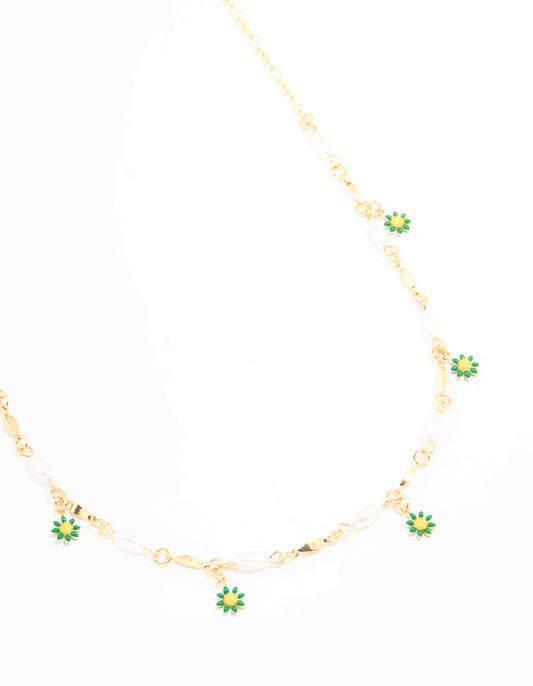 Gold Pearl & Green Flowers Waist Chain
