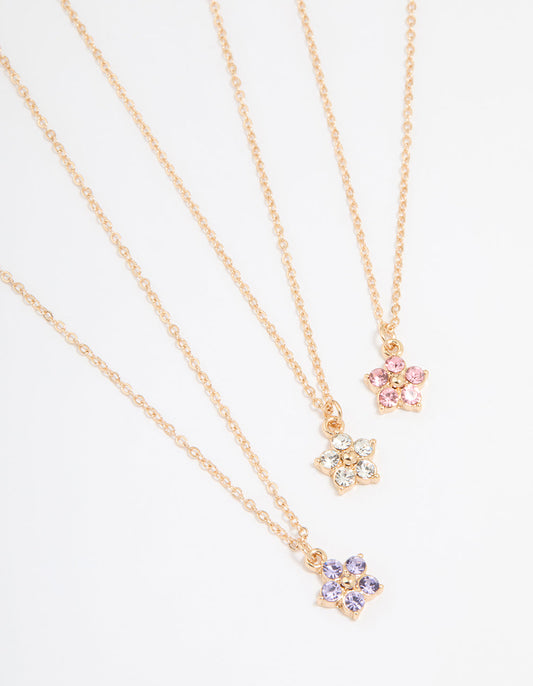 Gold Diamante Flower Necklaces 3-Pack