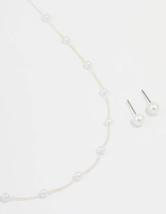 Silver Pearl Necklace & Earrings Set