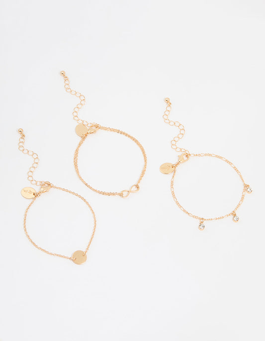 Gold Diamante Infinity Circle Bracelets 3-Pack