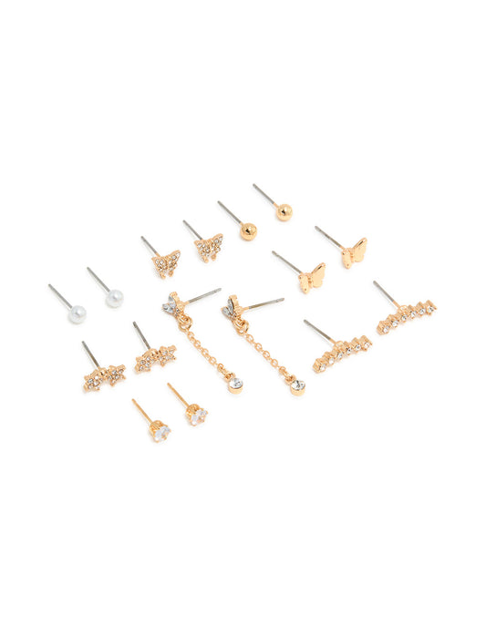 Gold Pearl & Butterfly Chain Star Earrings 8-Pack