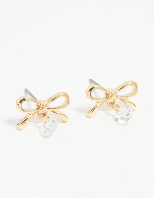 Gold Diamante Bow Stud Earrings