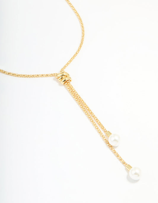 Gold Plated Pearl Lariat Adjustable Necklace