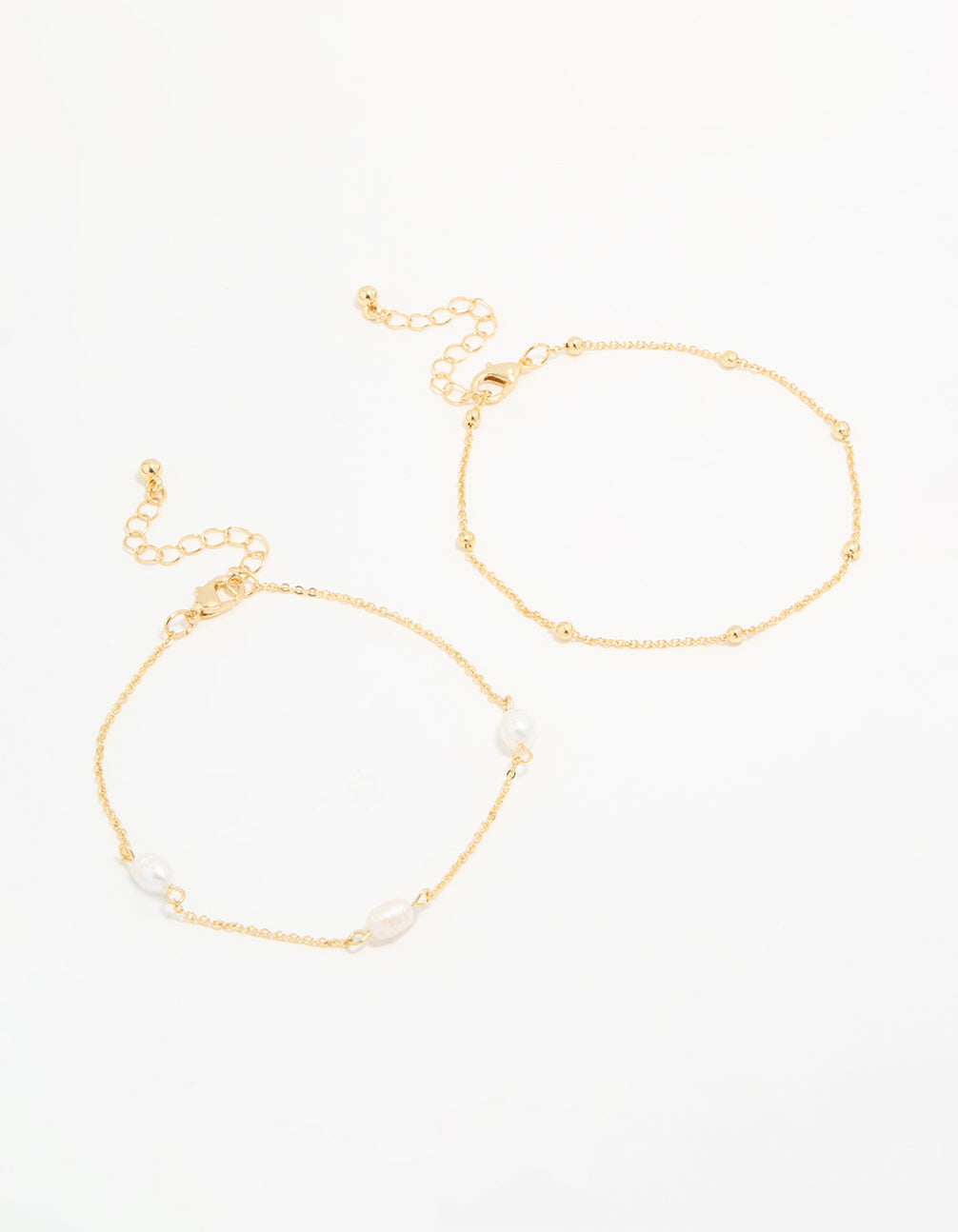 Gold Plated Freshwater Pearl Ball Chain Anklets 2-Pack