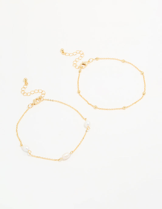 Gold Plated Freshwater Pearl Ball Chain Anklets 2-Pack