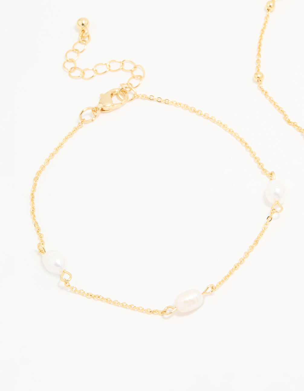 Gold Plated Freshwater Pearl Ball Chain Anklets 2-Pack
