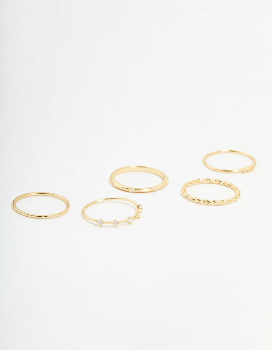 Gold Plated Cubic Zirconia Mixed Detail Rings 5-Pack