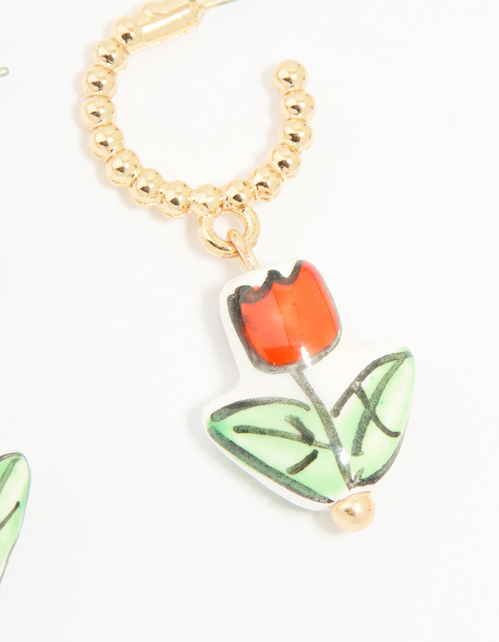 Gold Red Ceramic Flower Huggie Drop Earrings