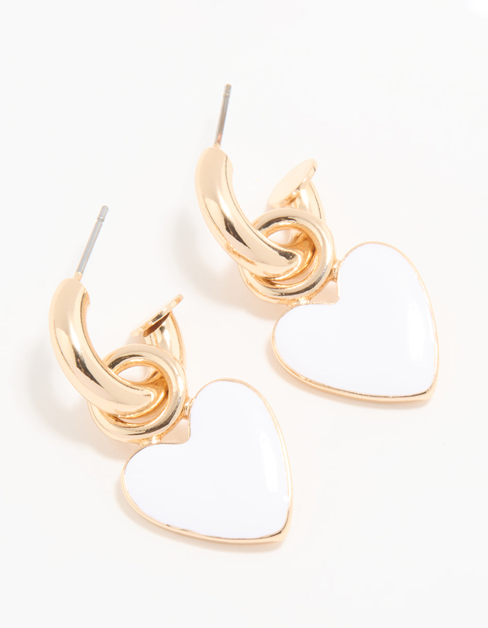 Gold White Enamel Heart Huggie Drop Earrings