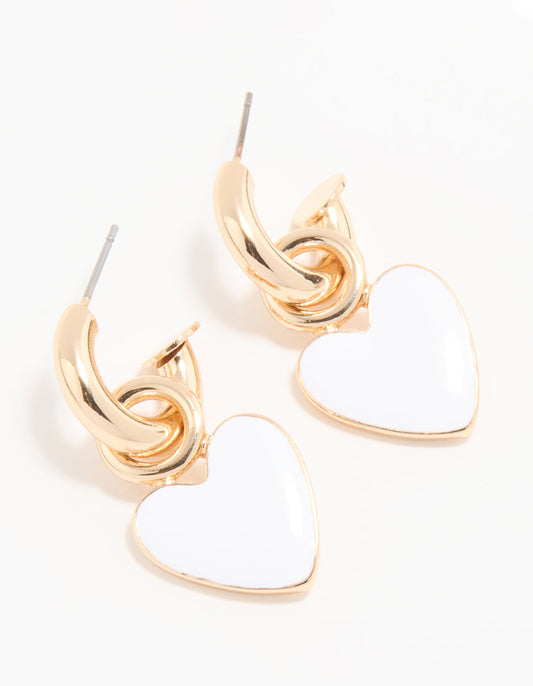 Gold White Enamel Heart Huggie Drop Earrings