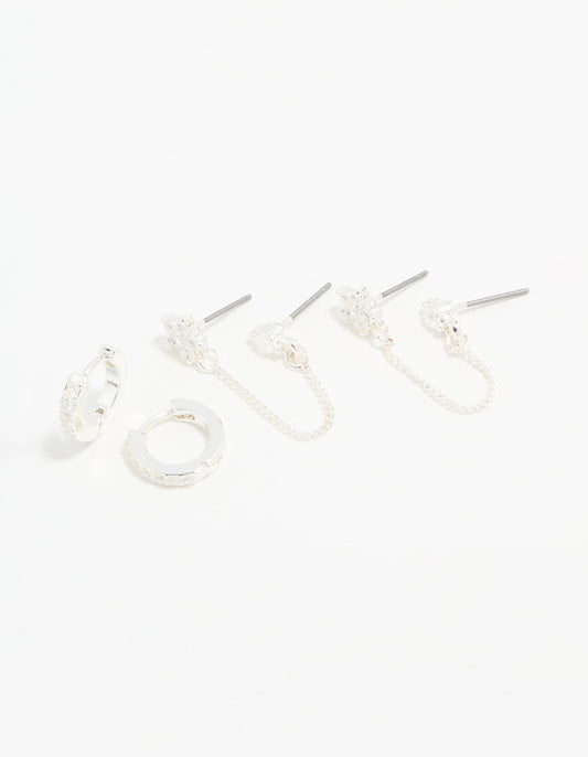 Silver Cubic Zirconia Chain Flower Chain & Huggie Earrings 3-Pack