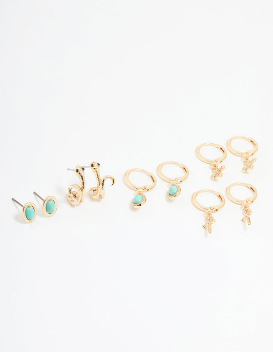 Gold Cross, Dagger & Snake Earrings 6-Pack