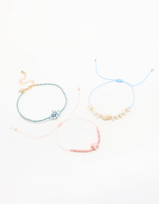 Gold Beaded Rope Shell & Fish Anklets 3-Pack