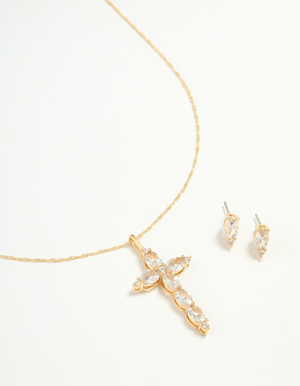 Gold Cubic Zirconia Cross Pendant Necklace & Earrings Set