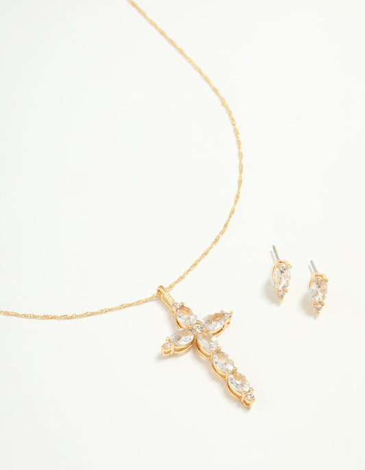 Gold Cubic Zirconia Cross Pendant Necklace & Earrings Set