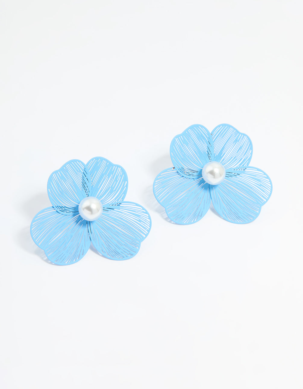 Gold Blue Laser Cut Flower Pearl Stud Earrings