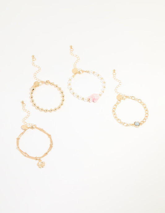 Gold Mixed Charm Fish Bracelets 4-Pack