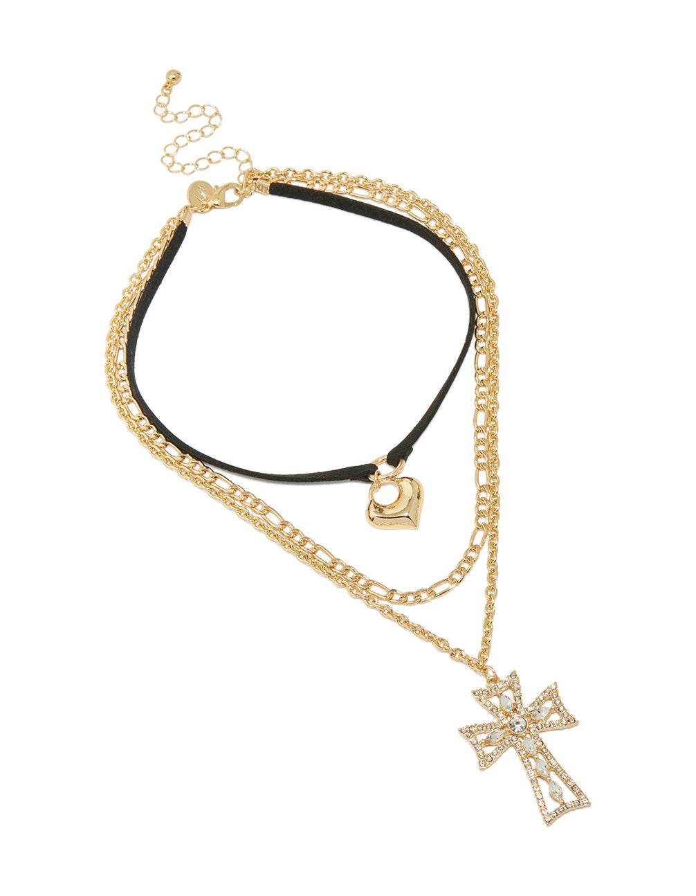 Gold Diamante Cross & Cord Layered Necklace