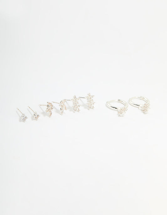 Silver Plated Brass Flower Stud & Hoop Earrings 4-Pack