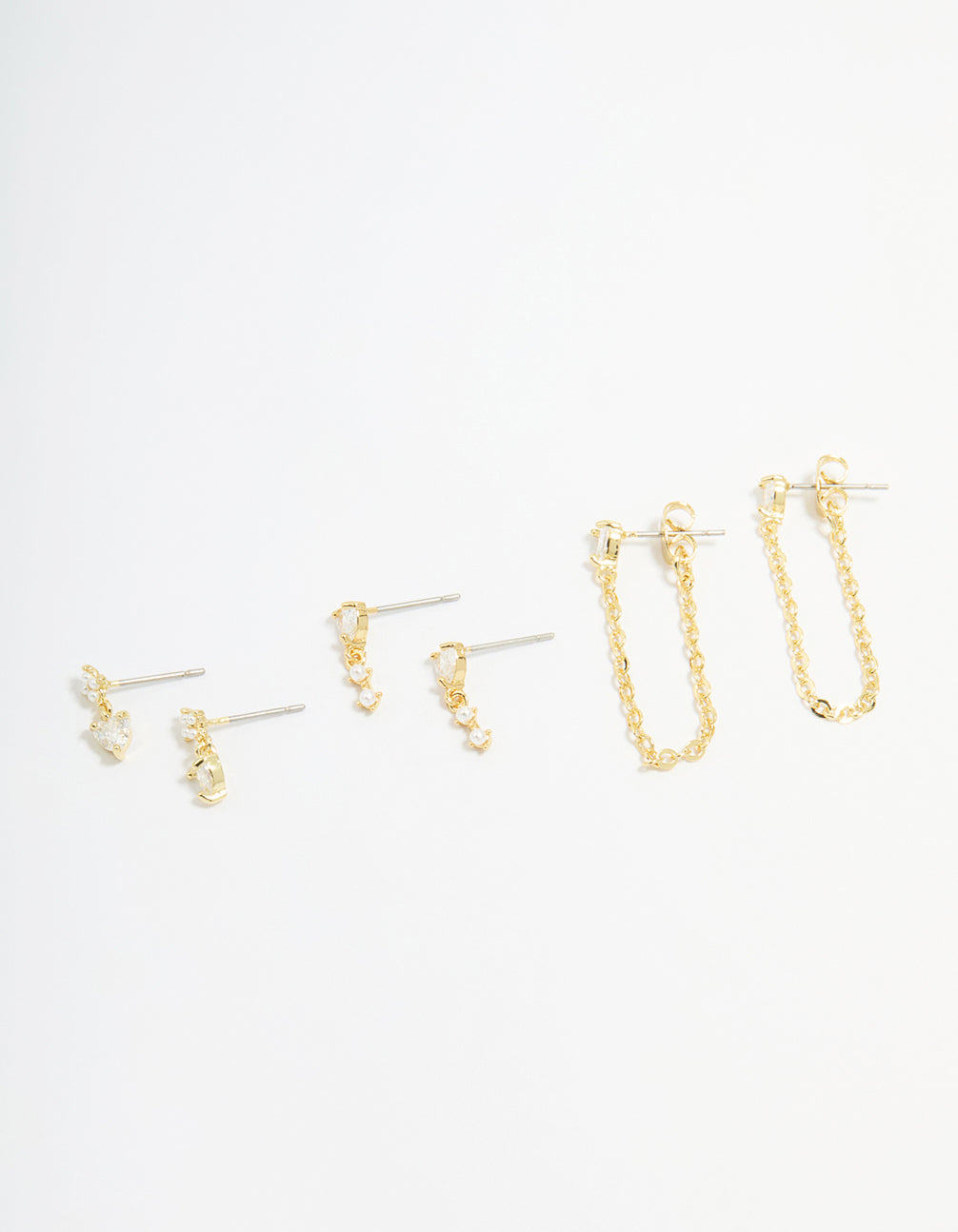 Gold Plated Brass Cubic Zirconia Heart Stud Drop Stud & Chain Earrings 3-Pack