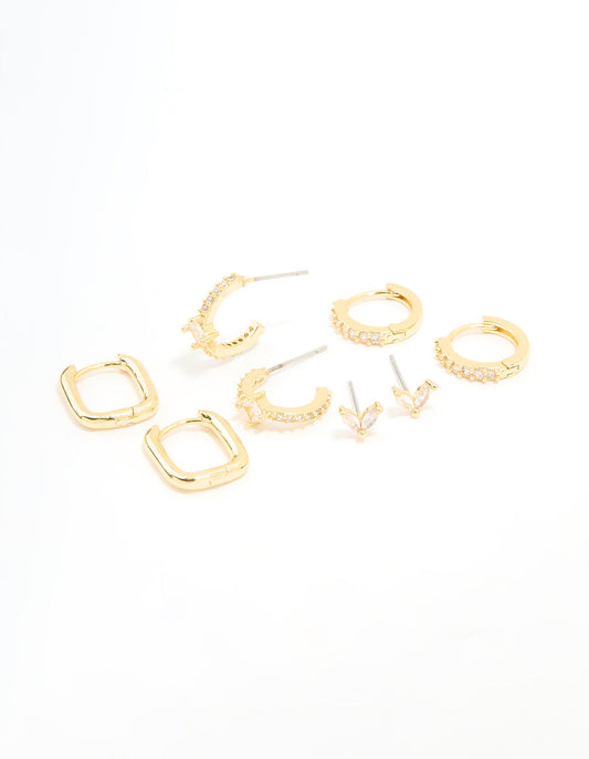 Gold Plated Brass Cubic Zirconia & Plain Rectangle Earrings 4-Pack